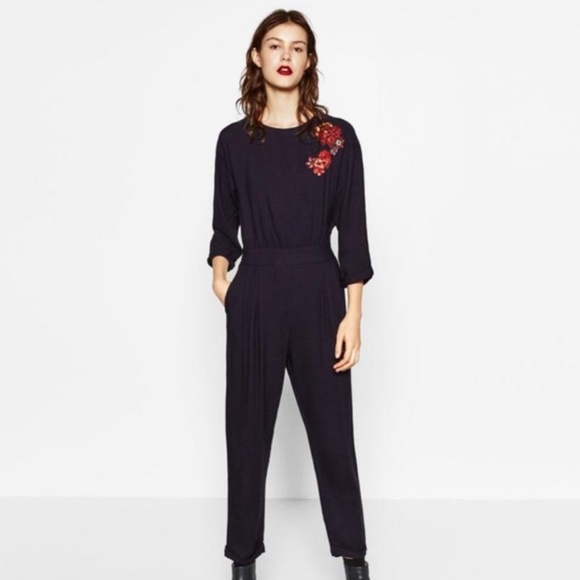 Zara Navy Blue Embroided Jumpsuit - Picture 2 of 6
